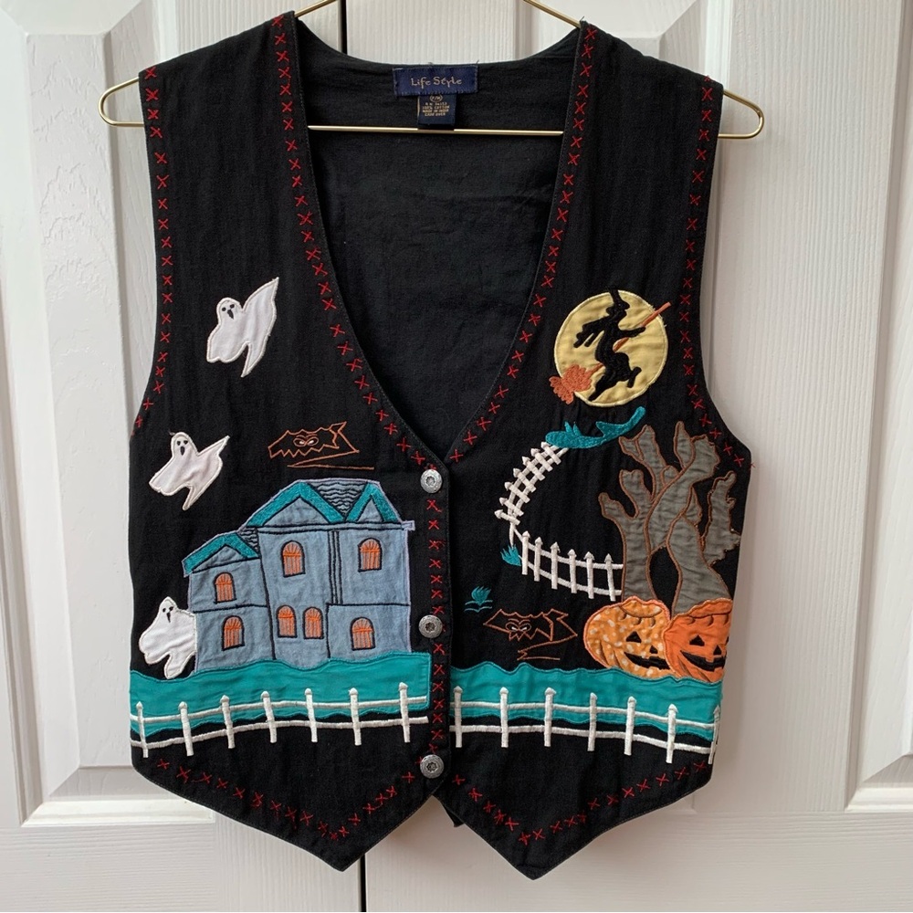 🎃 Vintage 90s Embroidered Halloween Vest (100% Cotton)